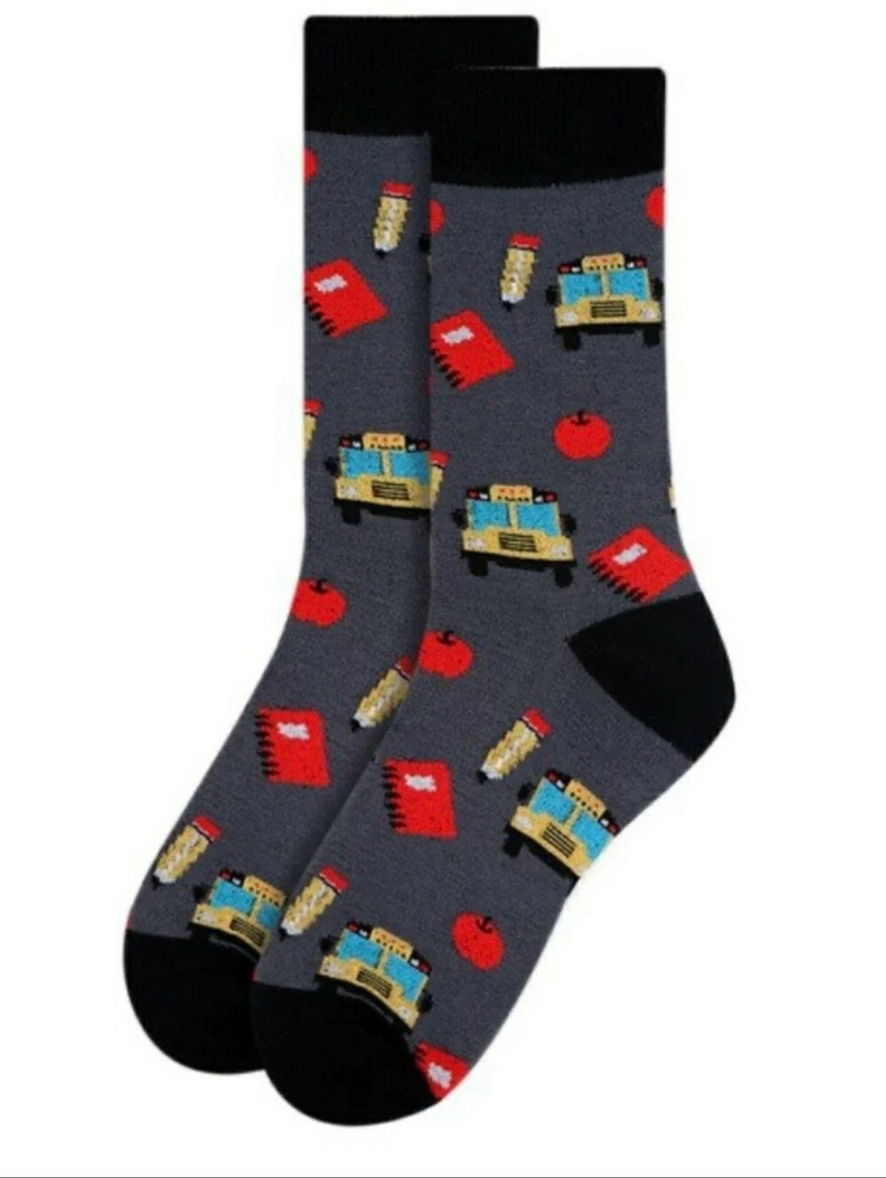 Ladies School Bus Pattern Apple Crew Socks Novelty Back-to-School Design NEW